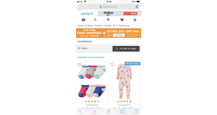 美国Carter’s 清货产品额外再八折，折后平到无朋友！