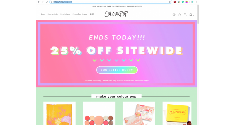 Colourpop 全场7.5折促销