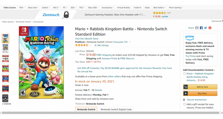 马里奥Nintendo Switch 实体版$19.88