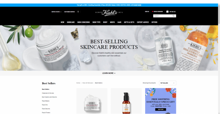 Kiehl's 满$100套装享8折，单品享7.5折