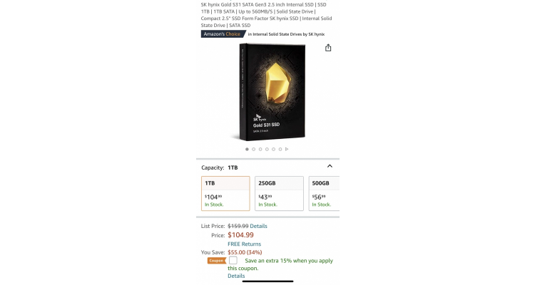 SK hynix Gold S31 1TB 3D固态硬盘特价