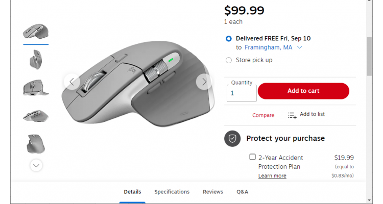 Logitech无线鼠标，现价$79.99(原价$99.99)