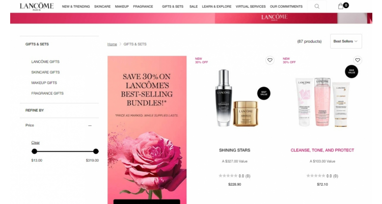 Lancome美国官网套装7折，部分半价