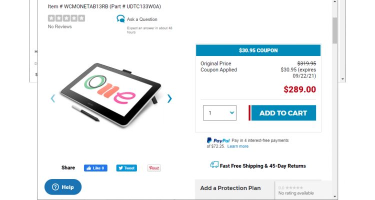 Wacom One 13.3" $289(原价$319.95)