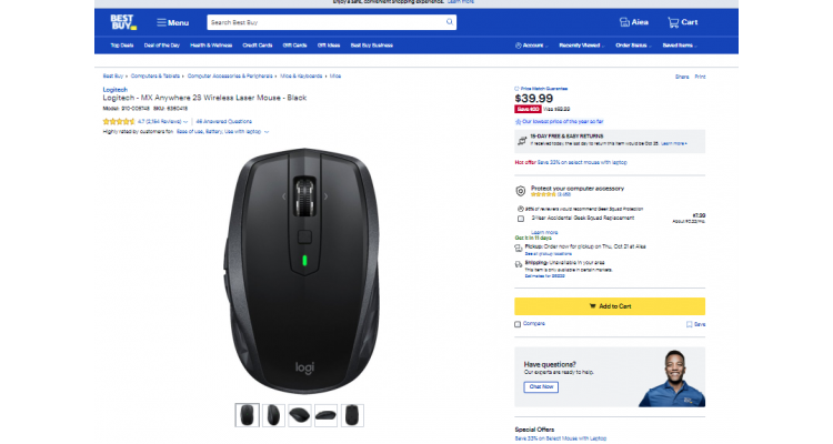 Logitech无线鼠标$39.99(原价$59.99)