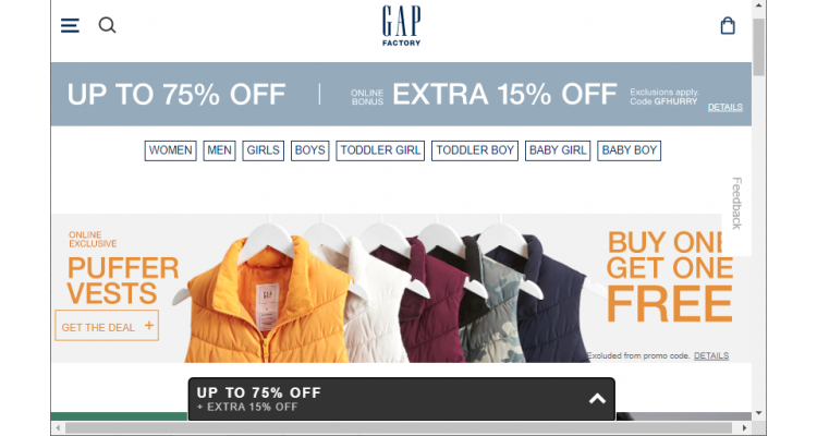 Gap Factory 清仓区低至2.5折+额外6折