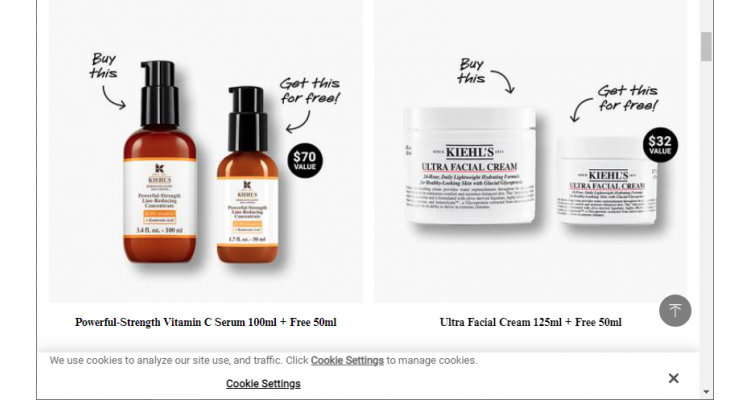 Kiehl's 精选护肤产品买大送小，相当于低至5.6折