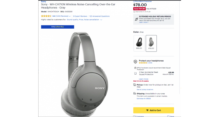 Sony无线耳机 $78.00(原价$179.99)