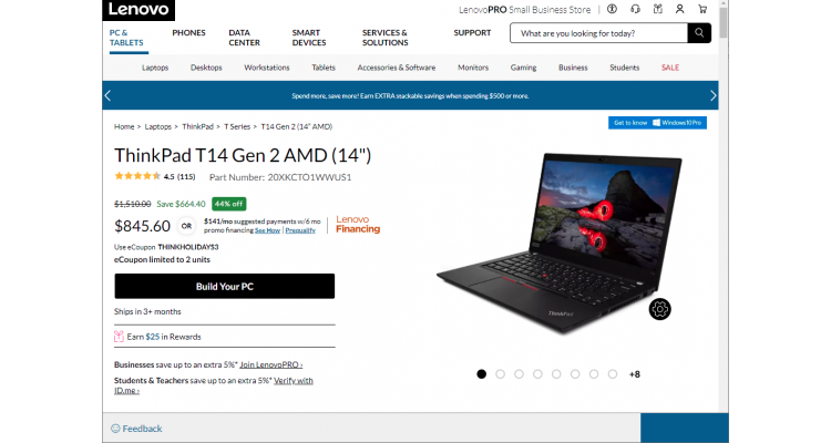  ThinkPad T14$967.60(原价$2569.00)