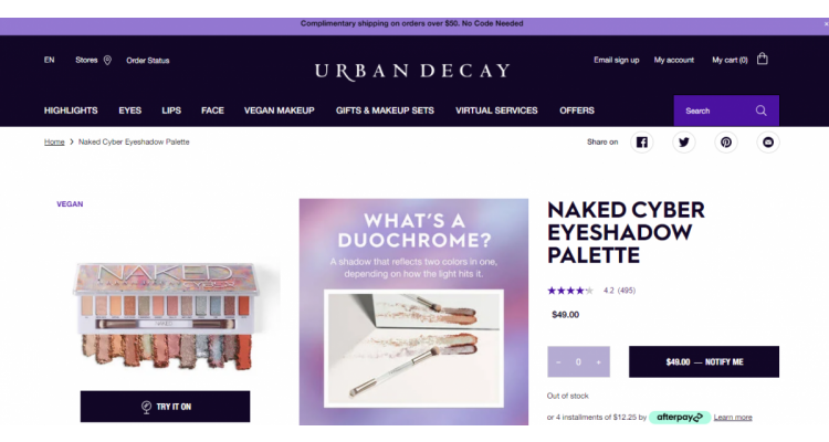 Urban Decay 彩妆订单满$75送彩妆3件套