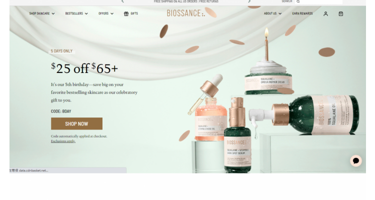 Biossance 全场护肤订单满$65立减$25