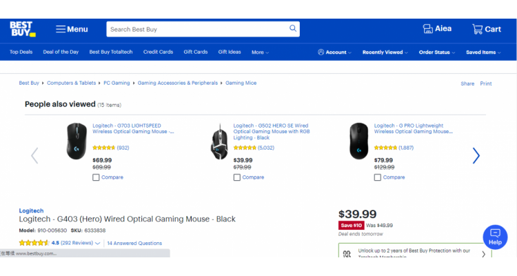 Logitech游戏鼠标 $39.99(原价$49.99)